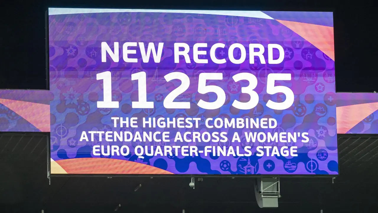 Videomarcador que muestra el n&uacute;mero 112.535, r&eacute;cord de asistencia en los partidos de cuartos de final de una Eurocopa, mostrado durante el partido de cuartos de final que han jugado Francia y Alemania en Basilea, Suiza. EFE/EPA/GEORGIOS KEFALAS